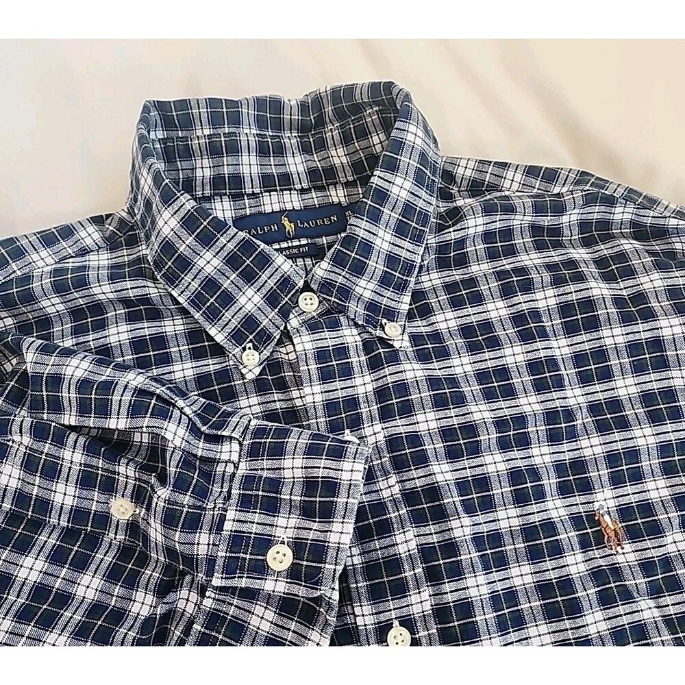 Ralph Lauren Classic Fit Button Down Mens XL Navy Plaid Pony Logo Long Sleeve